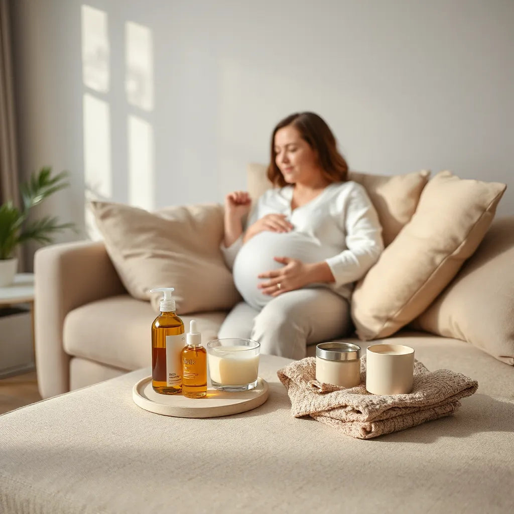Tehotná žena v relaxe so starostlivosťou, olejom a uterákom na bočnom stolíku