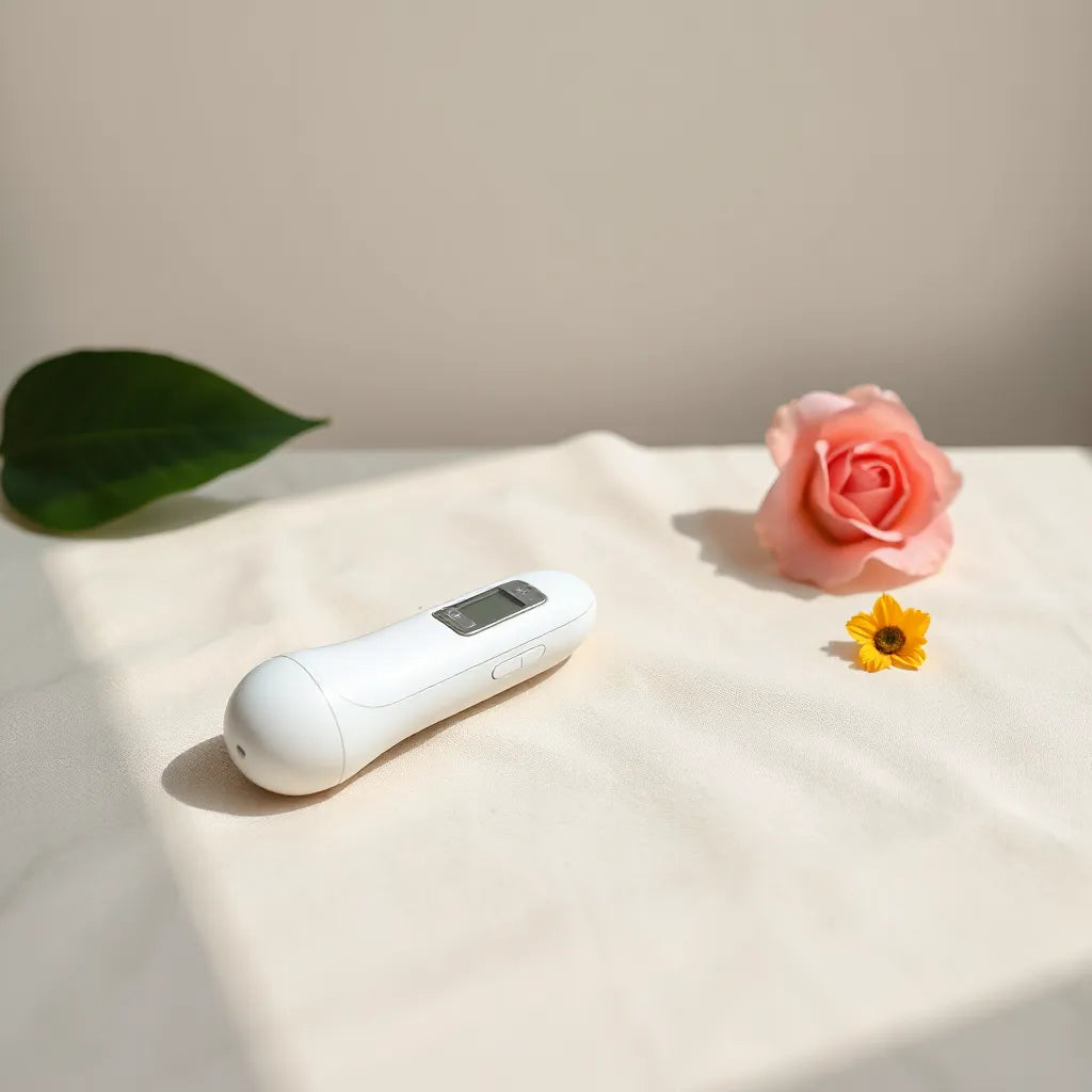 Sleek dual-function vibrator ležiaci na neutrálnej podložke v jemne osvetlenom štúdiu