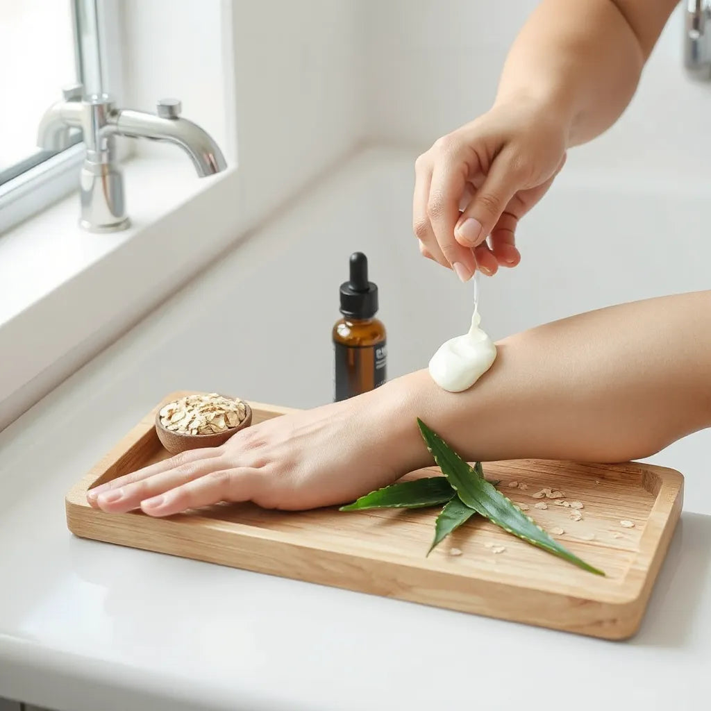 Ruky nanášajú krém na pokožku a vedľa sú prírodné vegánske ingrediencie na podnose