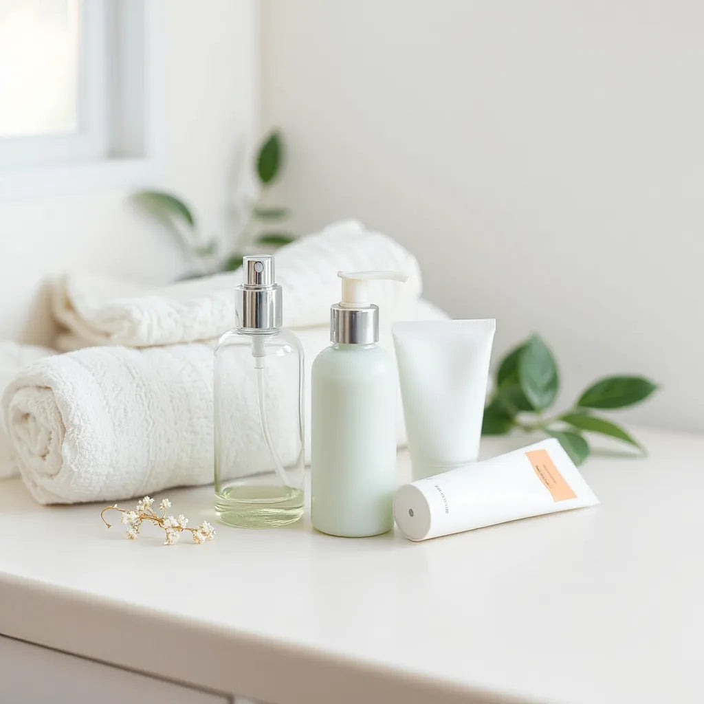 Súprava produktov na intímnu hygienu na svetlom kúpeľňovom pozadí s jemným deným svetlom