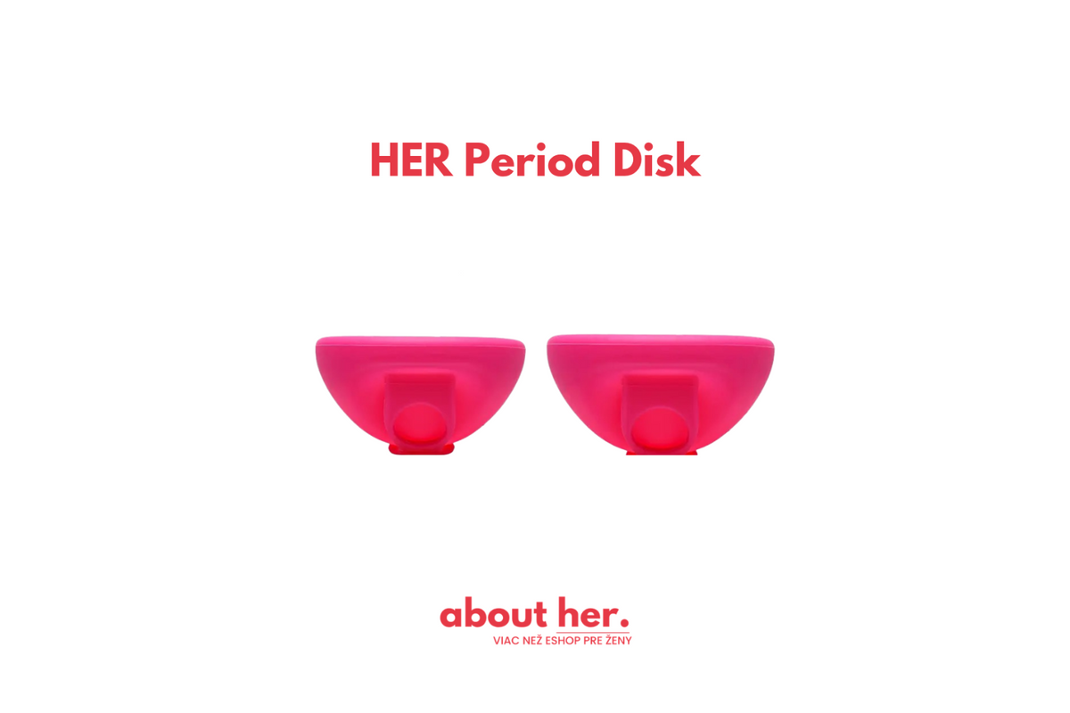 Dva pohľady na ružový menštruačný disk HER Period Disk s vyberacím háčikom.