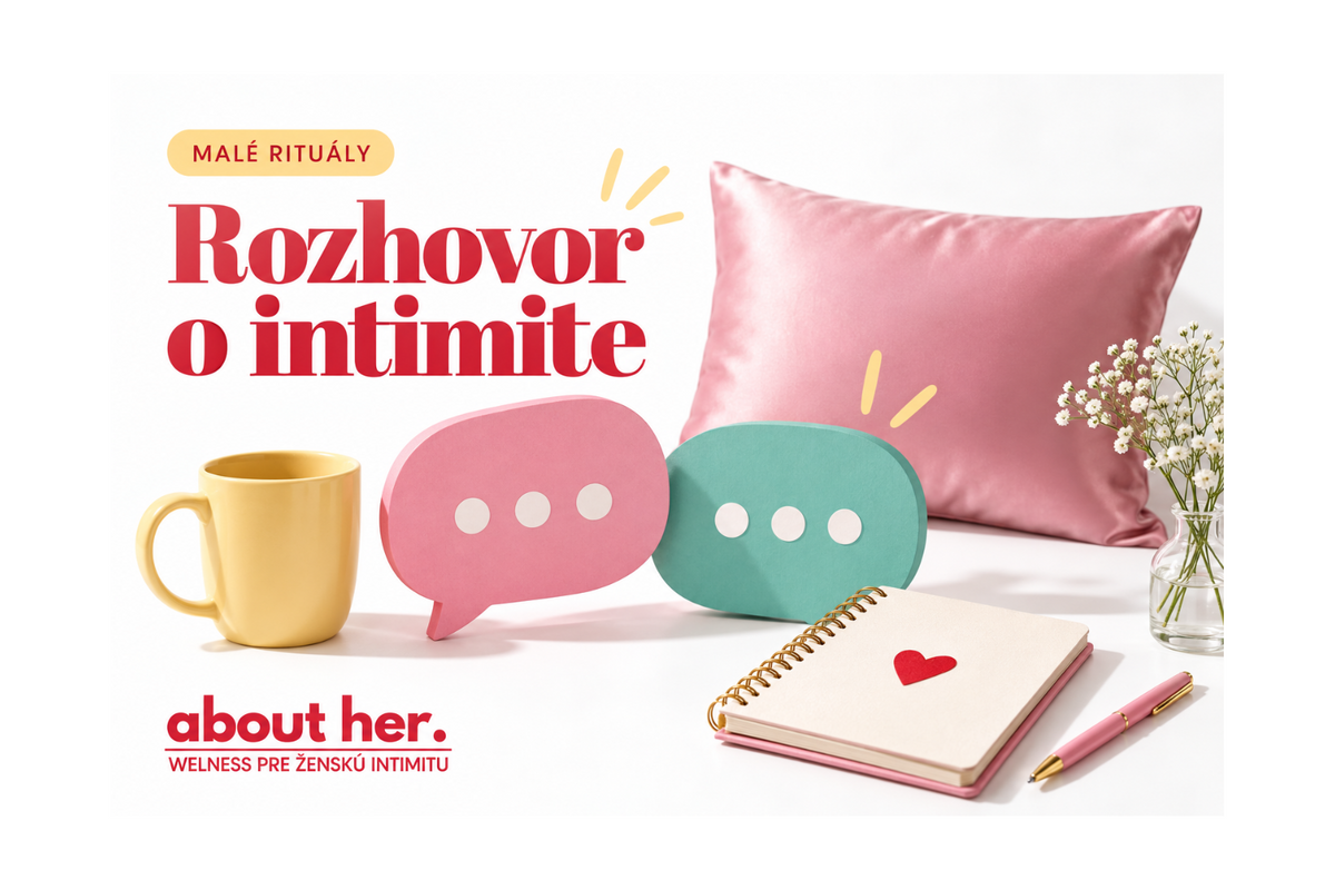 Rozhovor o intimite: pôvodná koláž AboutHer s farebnými bublinami, vankúšom a zápisníkom.