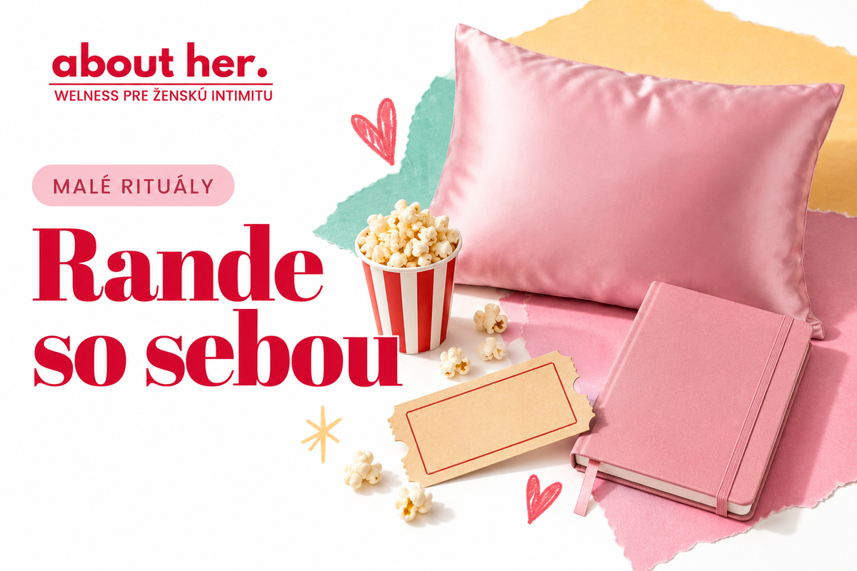 A cinema ticket, popcorn, a notebook and a pink pillow, with a Slovak headline about a date with yourself.