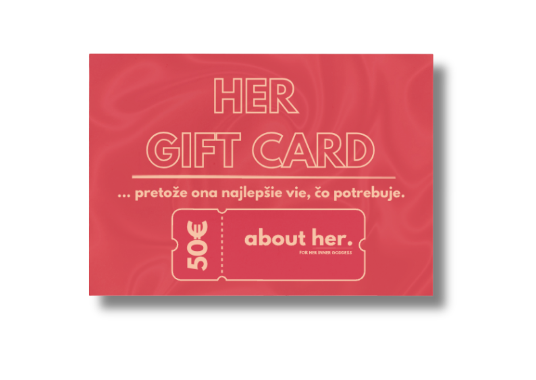 Red gift card with white text on a white background